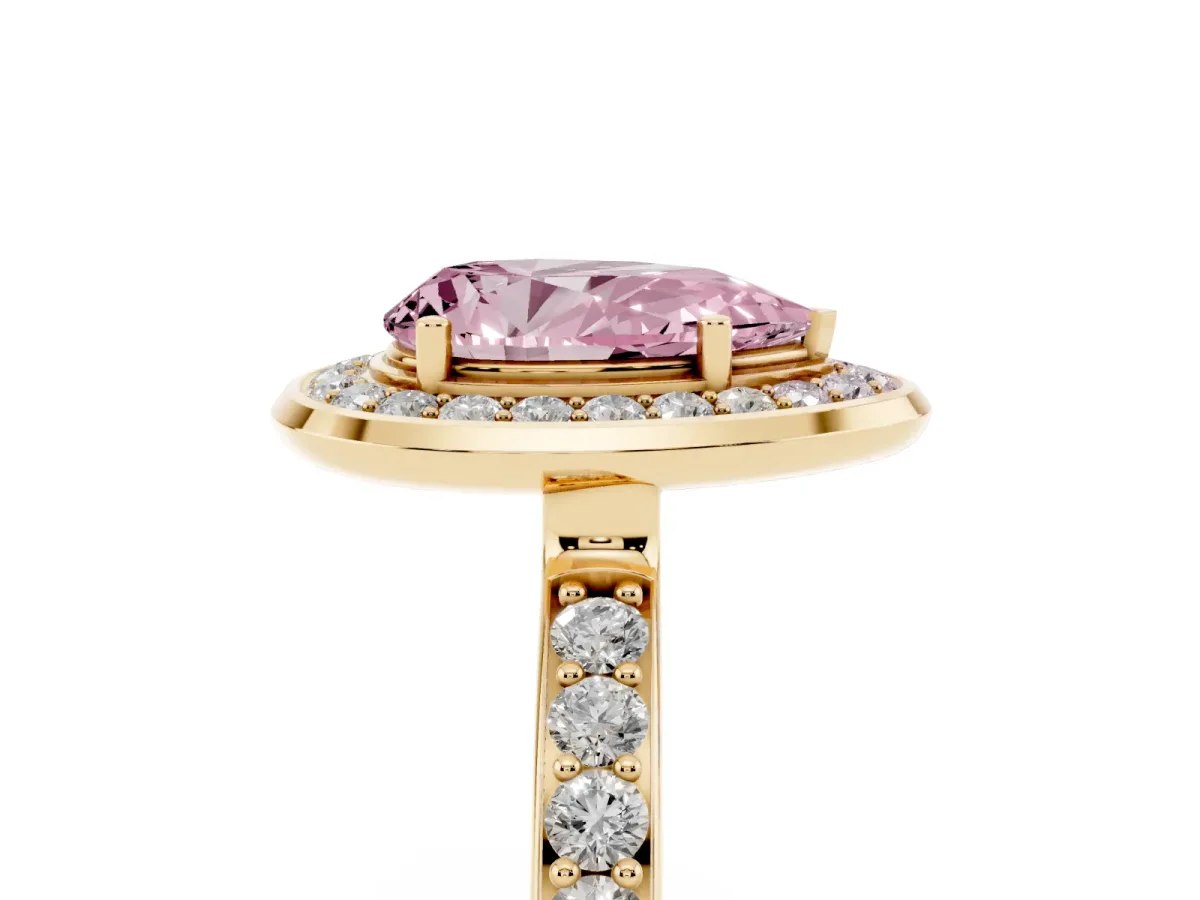 Fancy Pink Pear Cut Diamond Halo Ring with Bezel Frame and Pavé Band Yellow gold