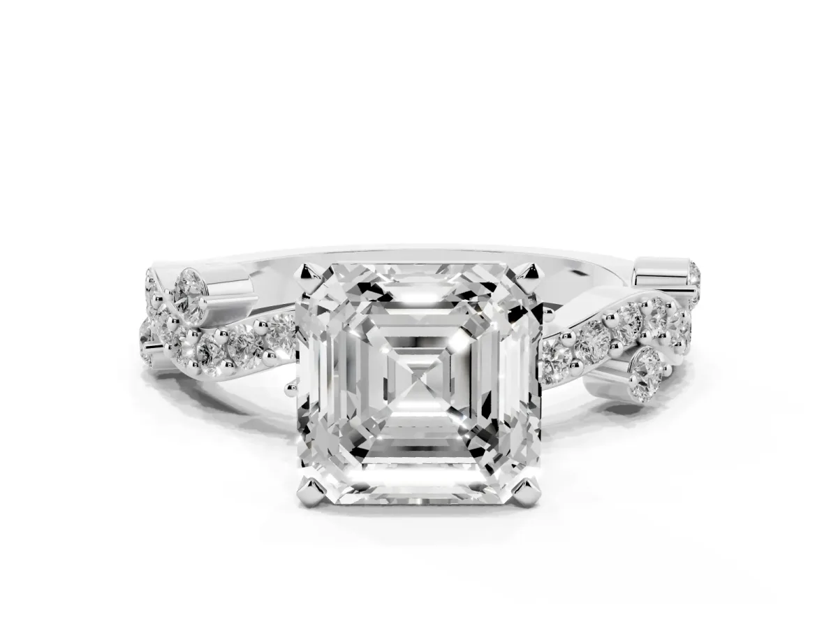 Asscher Cut Cut Solitaire Diamond Twisted Band with Pave Setting Silver