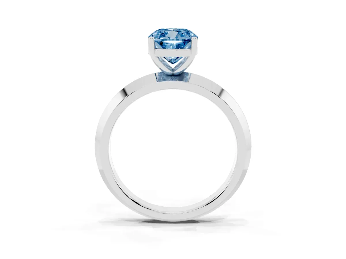 Fancy Blue Cushion Cut Cut Solitaire Engagement Ring with Flat Band and Four-Prong Setting Silver