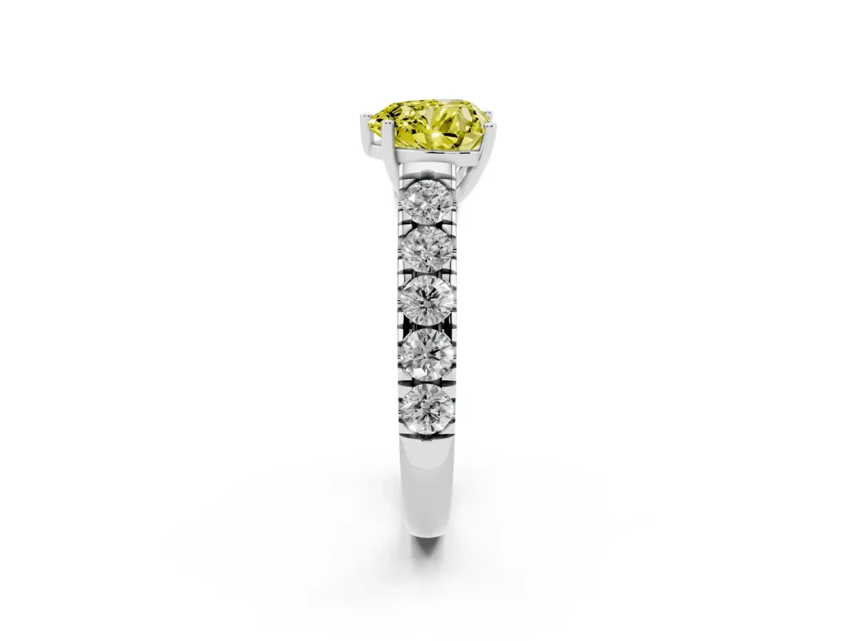 Fancy Yellow Heart Cut Cut Diamond Solitaire Ring with Micro Pave Band and Prong Setting Silver