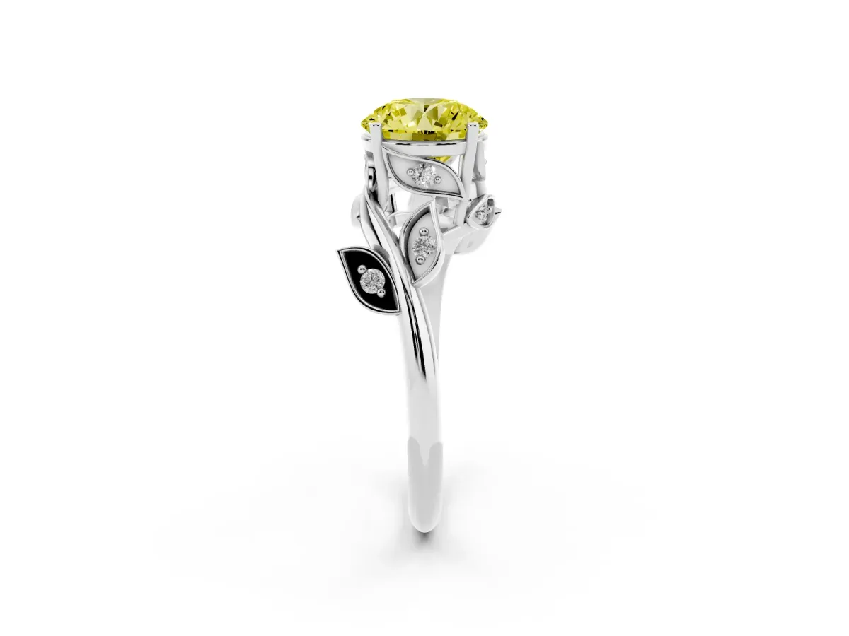 Fancy Yellow Round Cut Solitaire Twist Engagement Ring with Leaf Accents and Prong Setting Silver