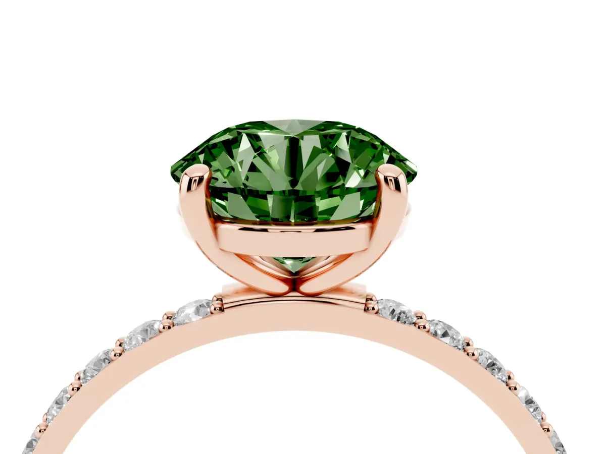 Fancy Green Round Cut Diamond Solitaire Ring with Round Pavé Band and Prong Setting Rose gold