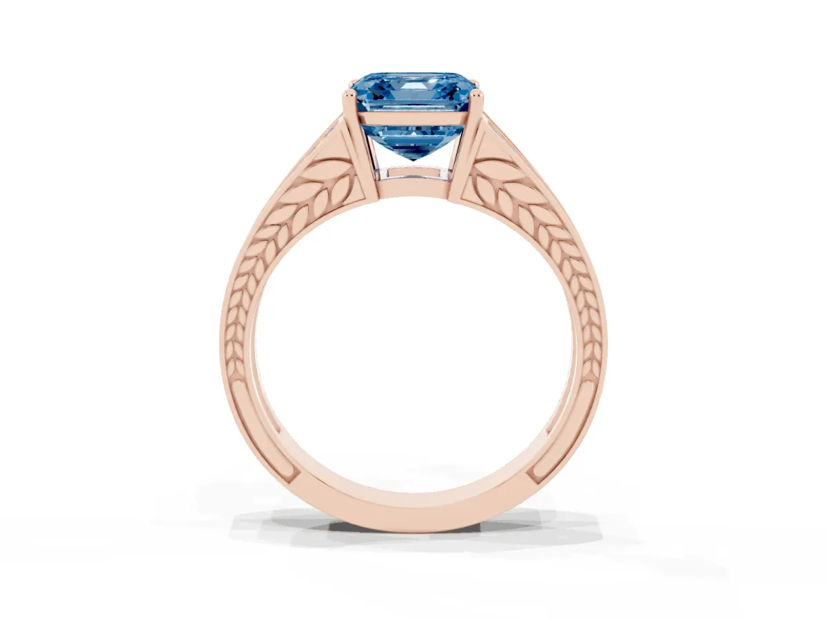 Fancy Blue Asscher Cut Diamond Split Shank Ring with Pavé Band and Four-Prong Setting Rose gold