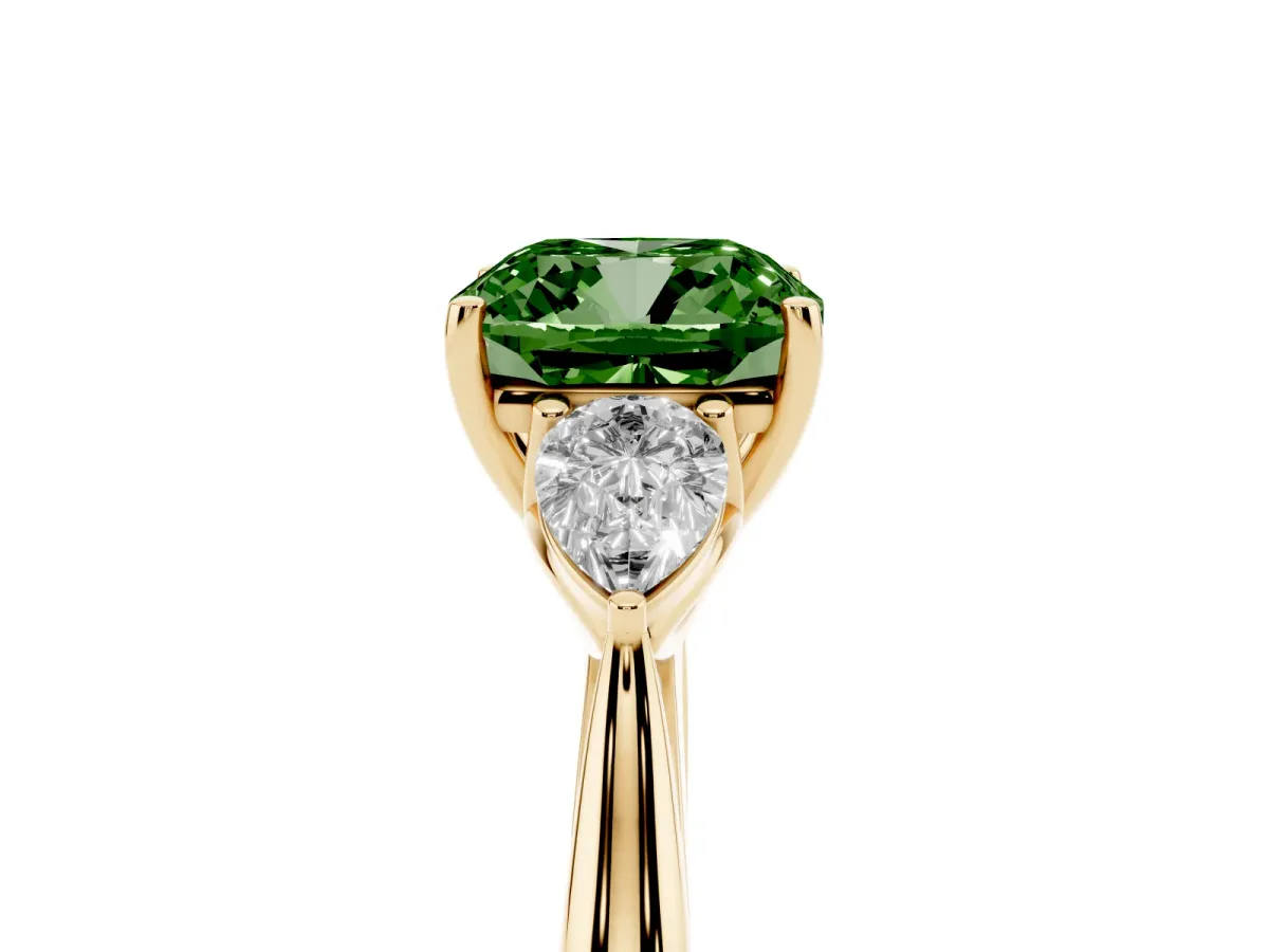 Fancy Green Cushion Cut Diamond Three-Stone Ring with Pear Side Stones and Prong Setting Yellow gold