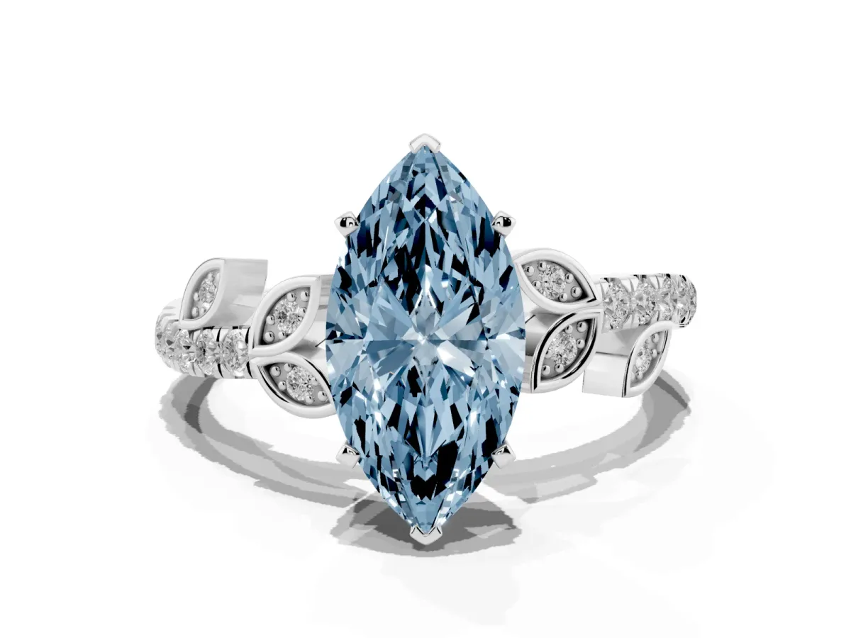 Fancy Blue Marquise Cut Solitaire Leaf-Inspired Diamond Ring with Pavé Band and Four-Prong Setting Silver