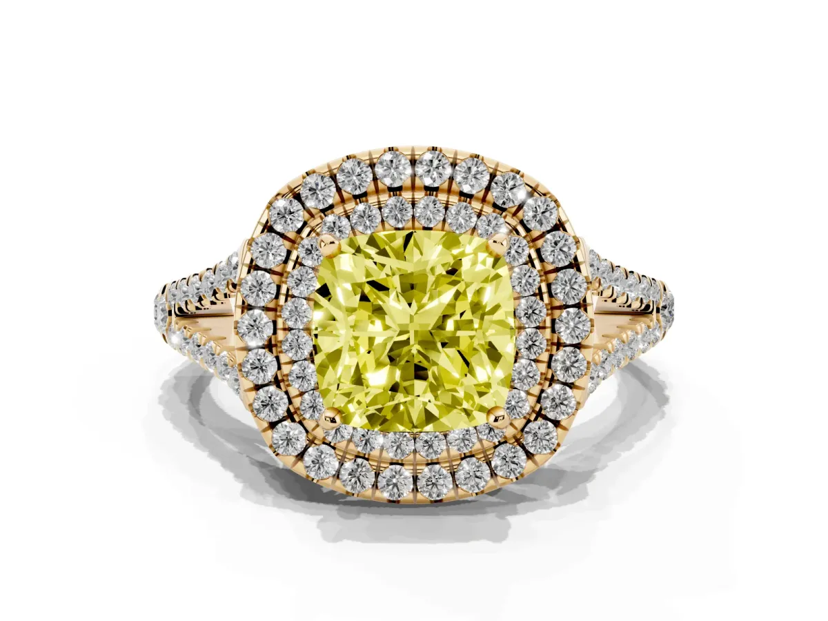Fancy Yellow Cushion Cut Diamond Double Halo Ring with Pavé Band and Prong Setting Yellow gold