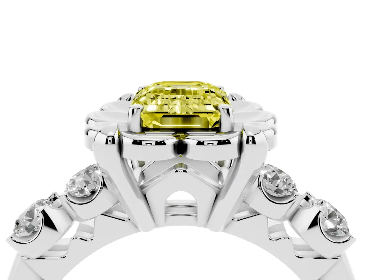 Fancy Yellow Emerald Cut Cut Diamond Floral Halo Engagement Ring with Shared Prong Setting Silver