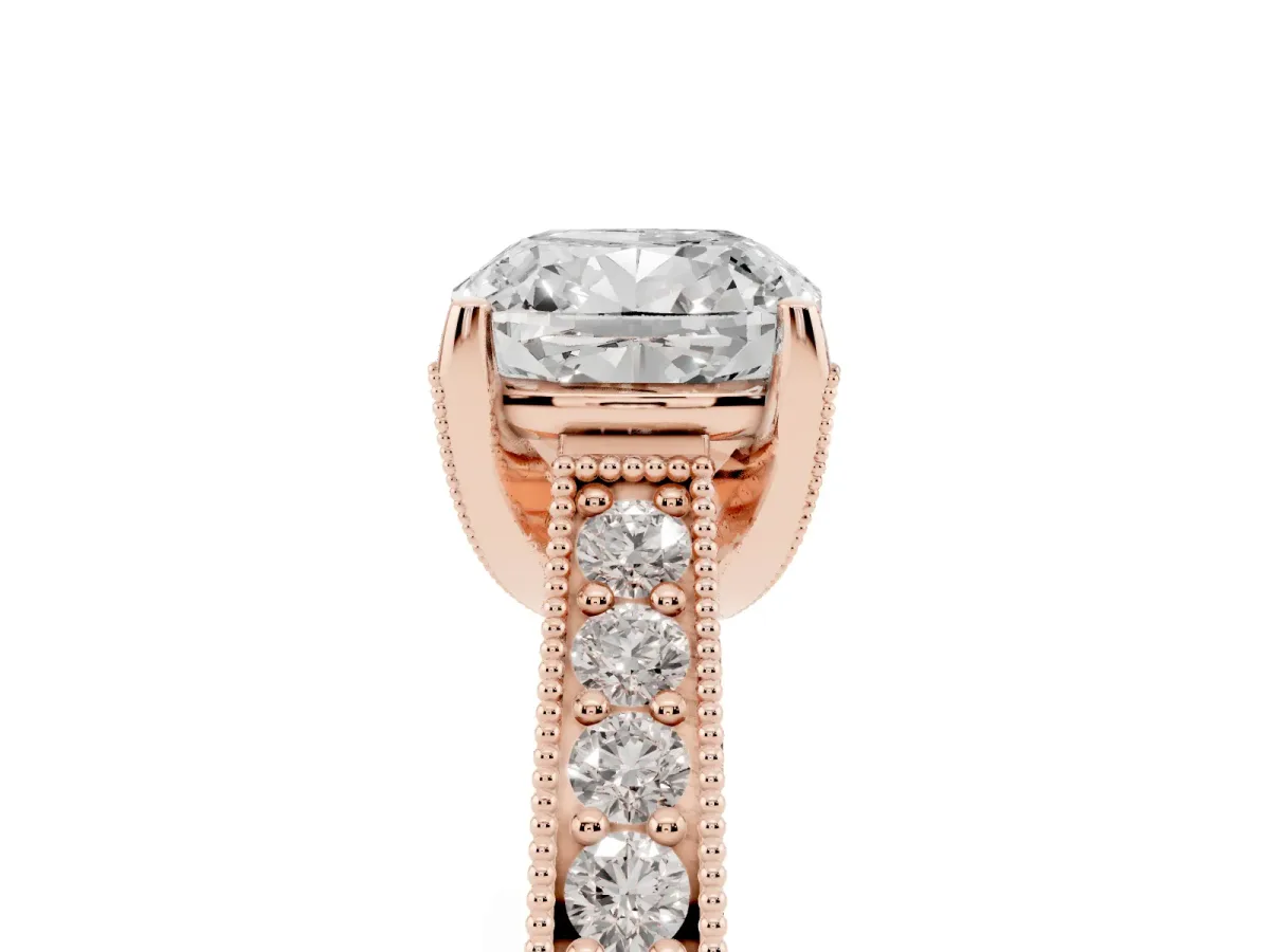 Cushion Cut Cut Diamond Solitaire Ring with Milgrain Pave Band and Four Prong Setting Rose gold