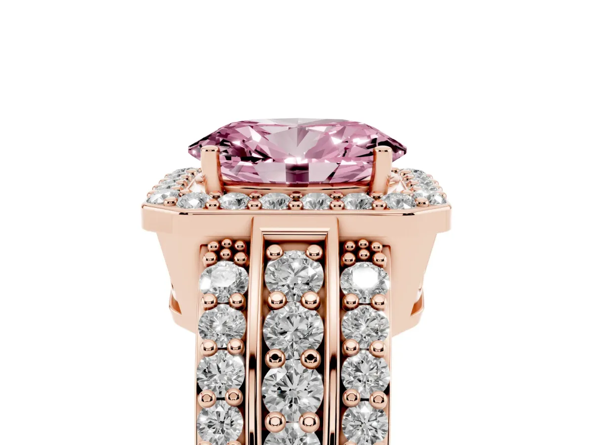 Fancy Pink Oval Cut Halo Diamond Ring with Round Split Shank and Prong Setting Rose gold