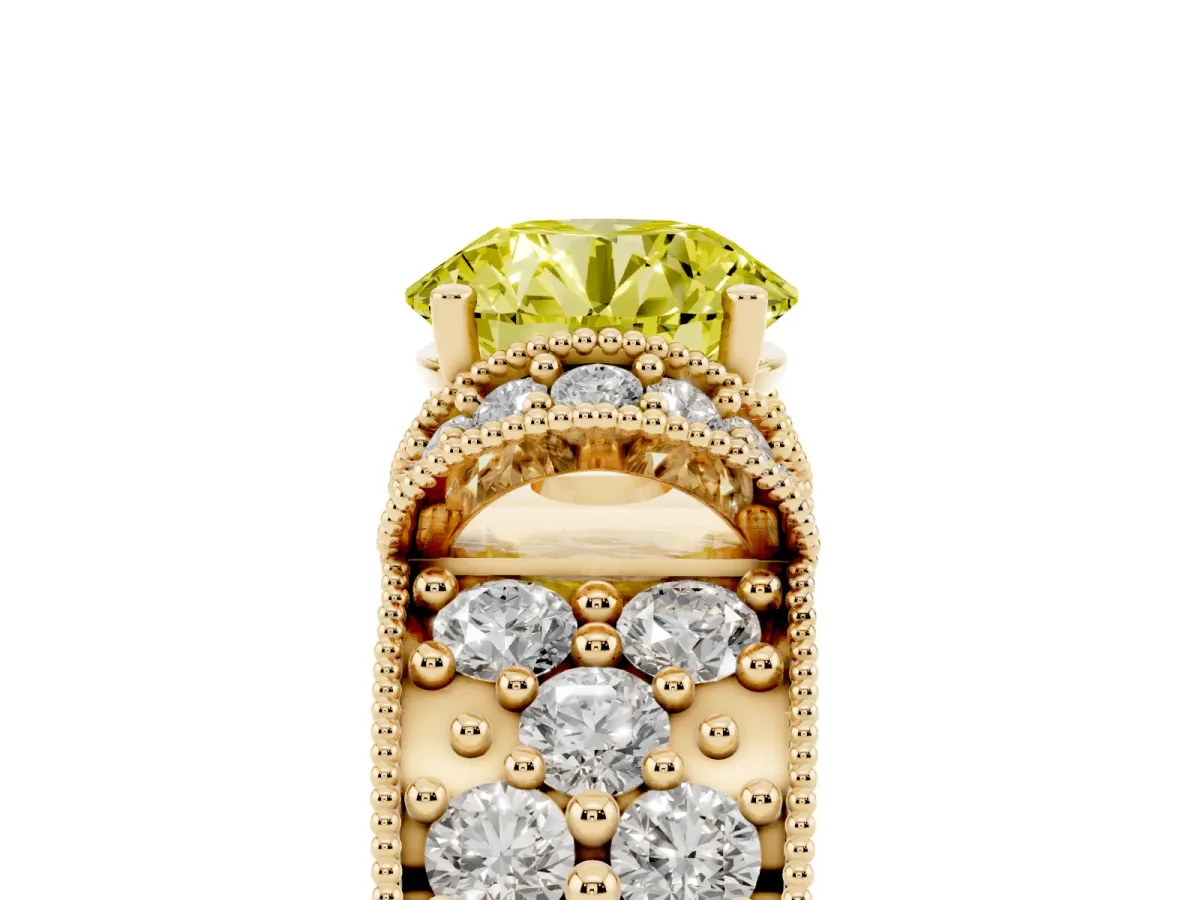 Fancy Yellow Round Cut Halo Pave Diamond Engagement Ring with Milgrain Detailing Yellow gold