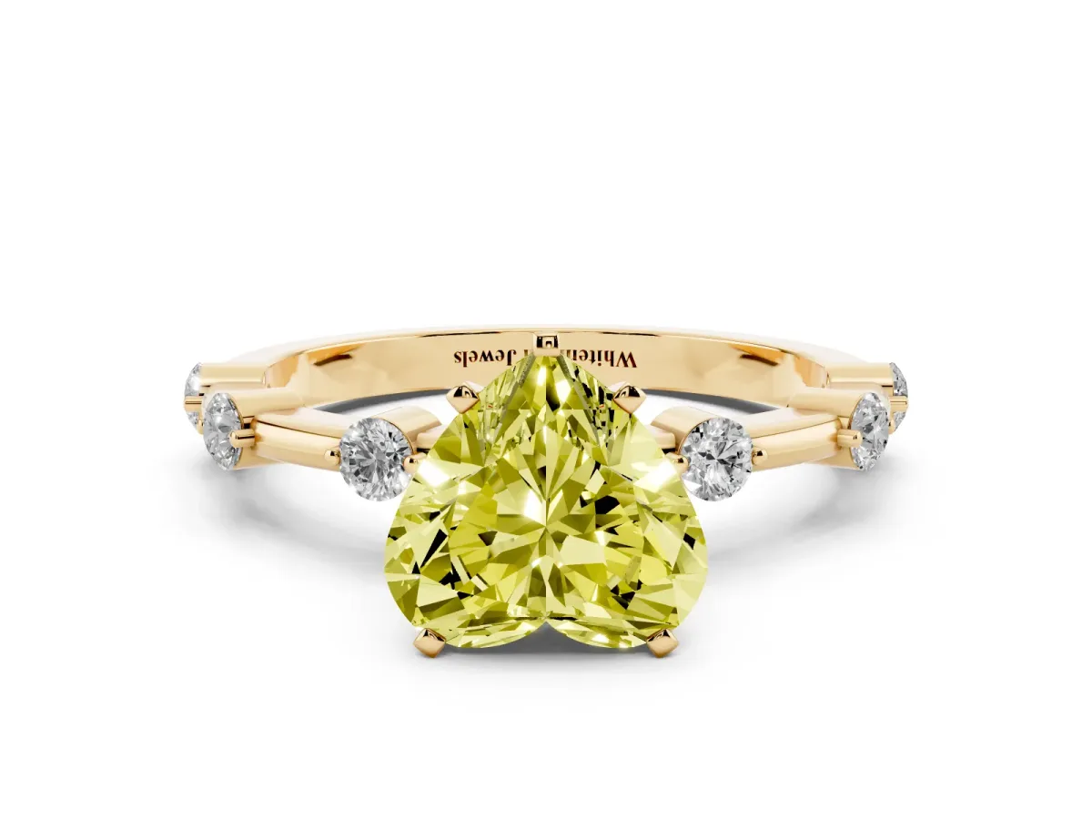 Fancy Yellow Heart Cut Solitaire Diamond Ring with Bezel Set Side Stones and Prong Setting Yellow gold