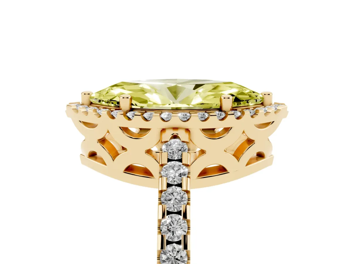 Fancy Yellow Marquise Cut Diamond Halo Engagement Ring with Pavé Band and Prong Setting Yellow gold