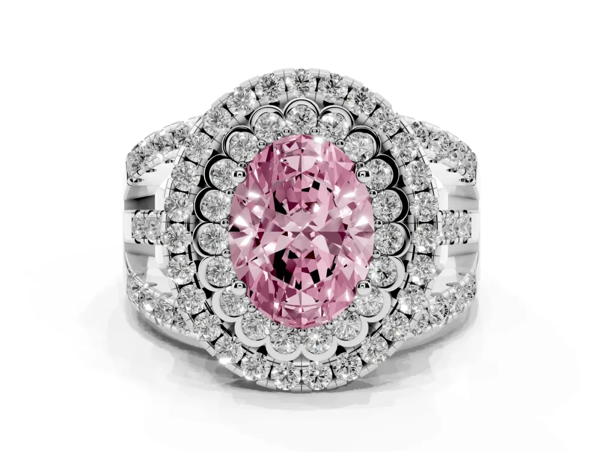 Fancy Pink Oval Cut Diamond Double Halo Ring with Round Pavé Split Shank and Prong Setting Silver