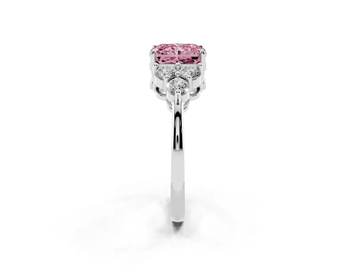 Fancy Pink Radiant Cut Brilliant Diamond Cluster Accent Solitaire Ring with Prong Setting Silver
