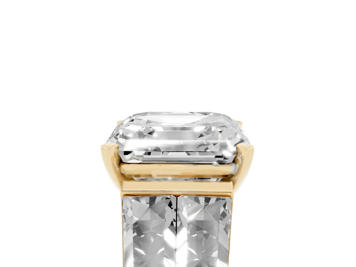 Asscher Cut Diamond Engagement Ring with Baguette Side Stones and Channel Set Band Yellow gold