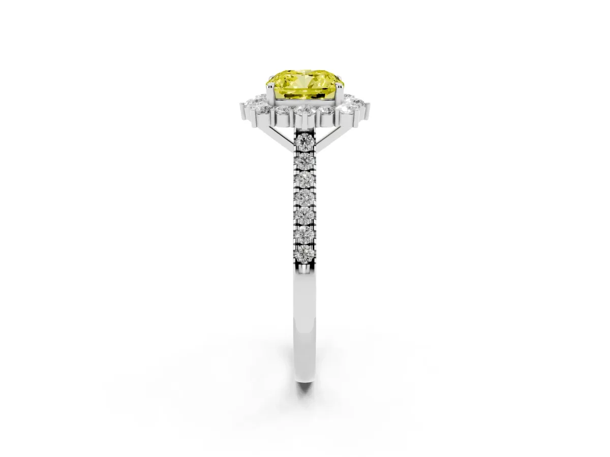 Fancy Yellow Cushion Cut Halo Diamond Ring with Pavé Band and Prong Setting Silver