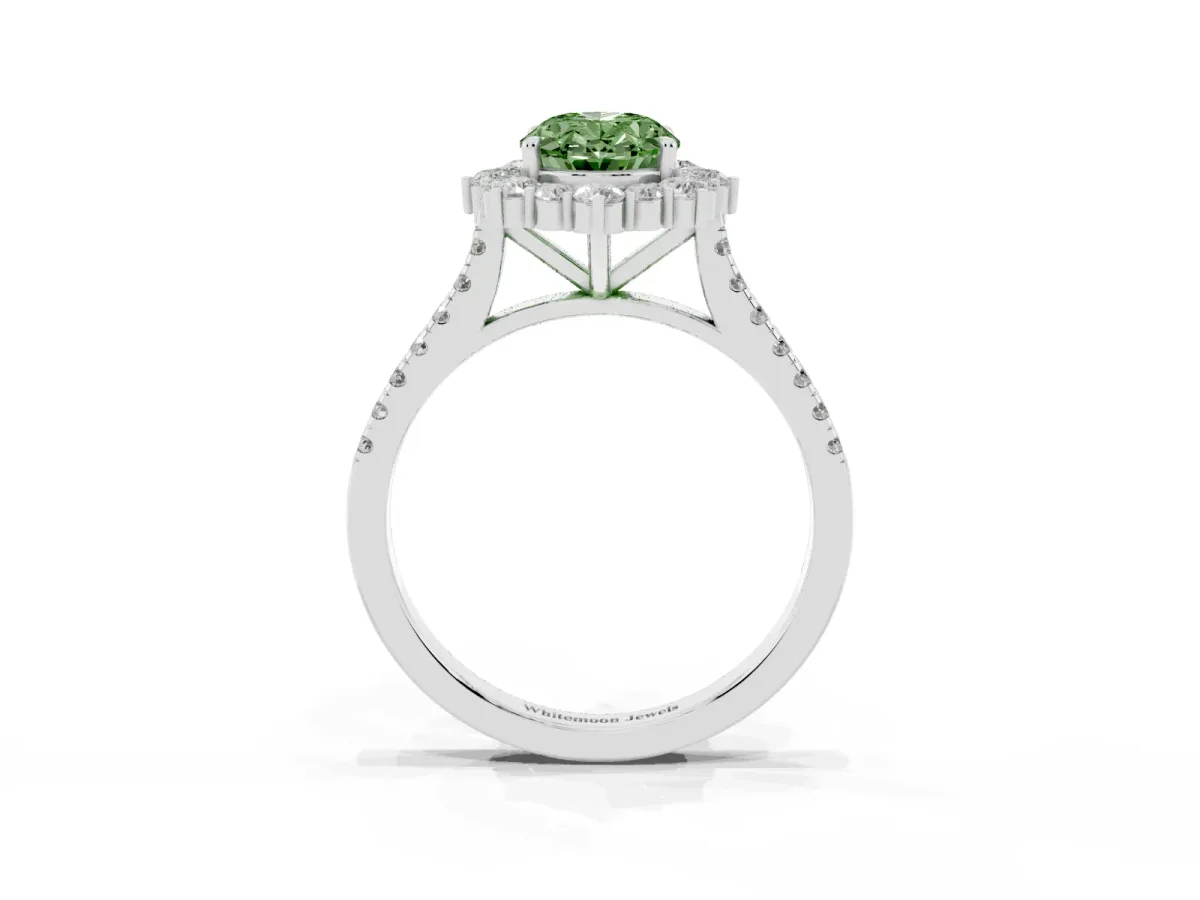 Fancy Green Oval Cut Halo Diamond Ring with Pavé Band and Prong Setting Silver