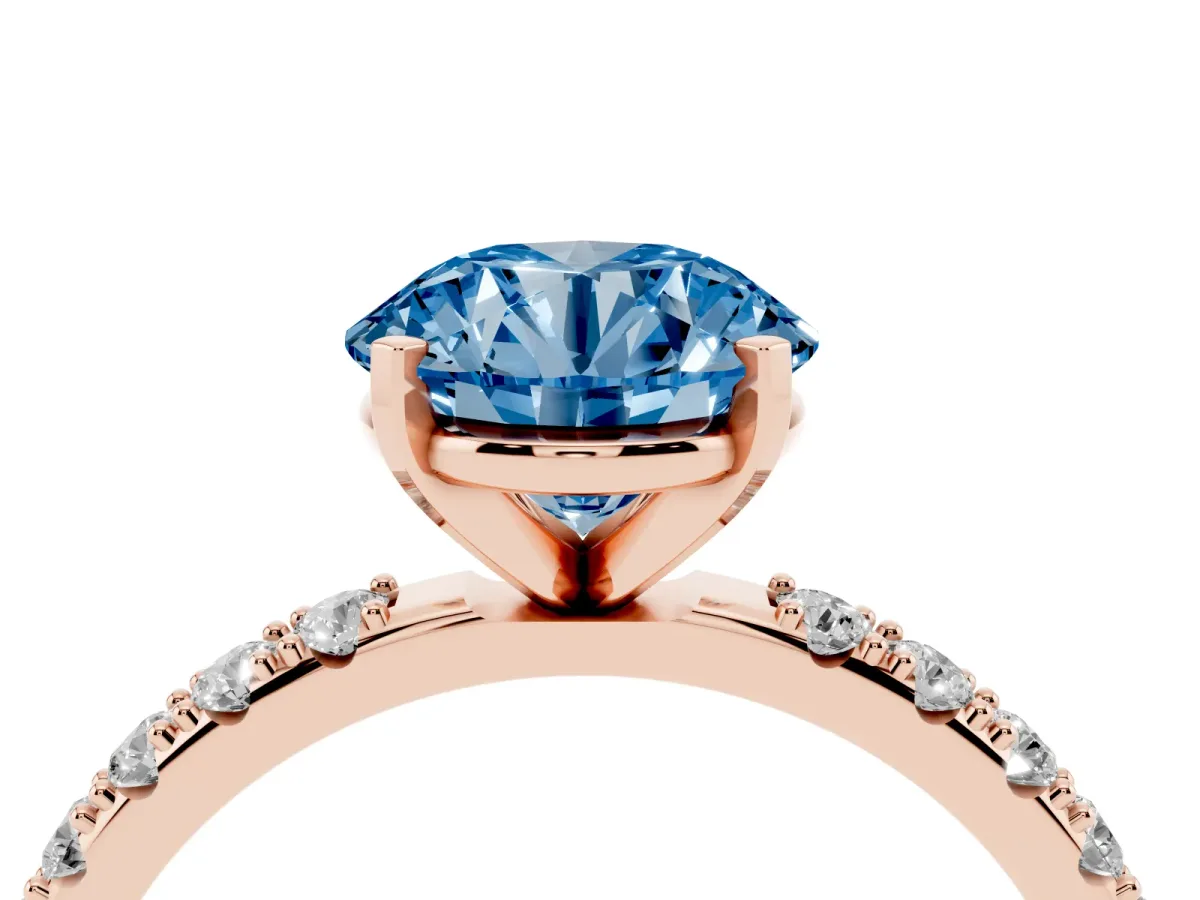 Fancy Blue Round Cut Diamond Solitaire Pavé Band with Four-Prong Setting Rose gold