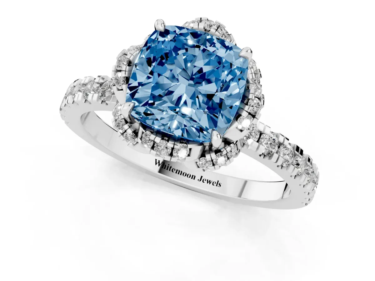 Fancy Blue Cushion Cut Diamond Halo Pave Band with Four-Prong Setting Platinum