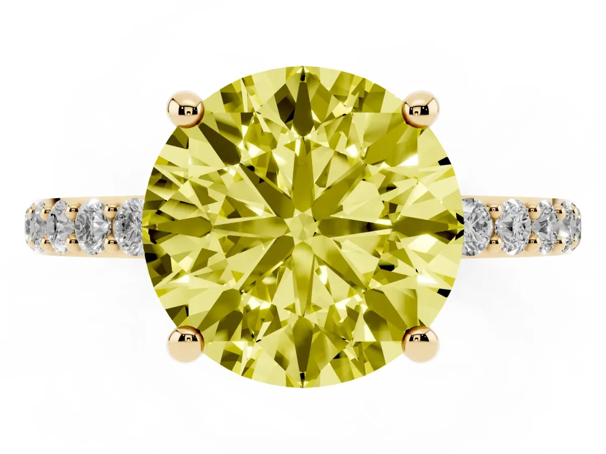 Fancy Yellow Round Cut Diamond Solitaire Ring with Round Pavé Band and Prong Setting Yellow gold