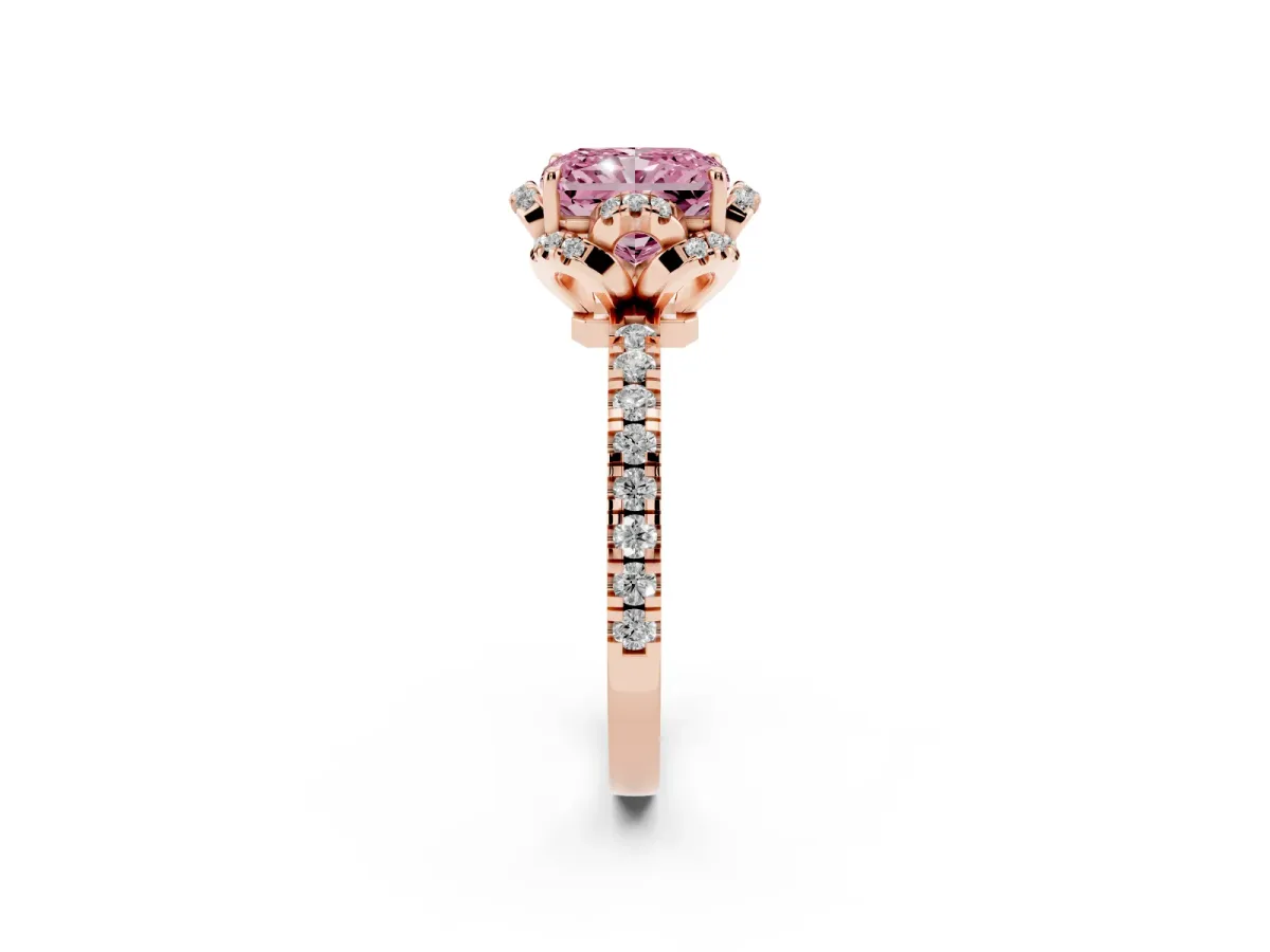 Fancy Pink Radiant Cut Halo Diamond Pave Band Ring with Four-Prong Setting Rose gold