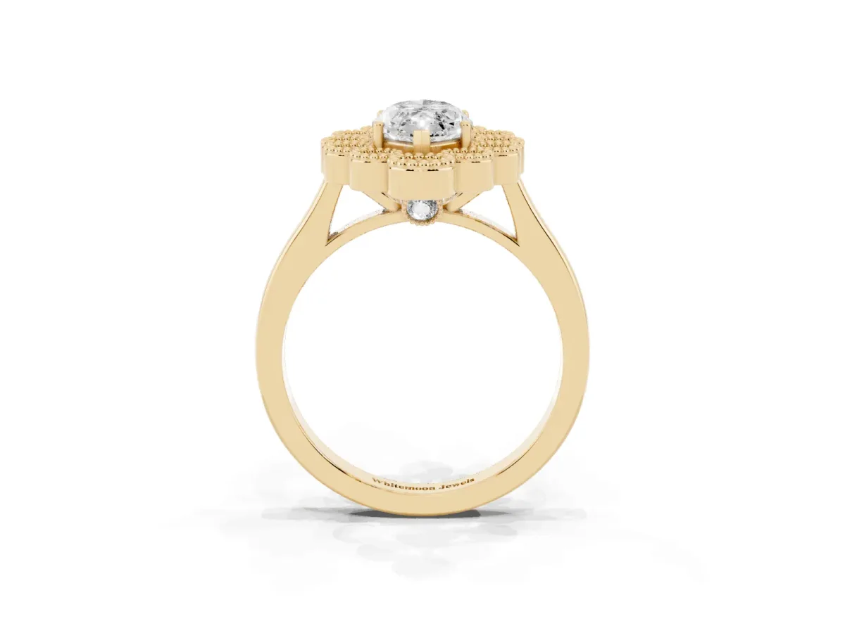 Marquise Cut Halo Diamond Cluster Engagement Ring with Milgrain Bezel Setting and Solitaire Band Yellow gold