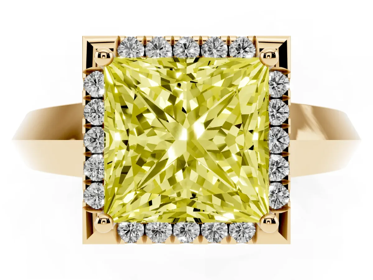 Fancy Yellow Princess Cut Halo Diamond Ring with Cathedral Band and Four-Prong Setting Yellow gold