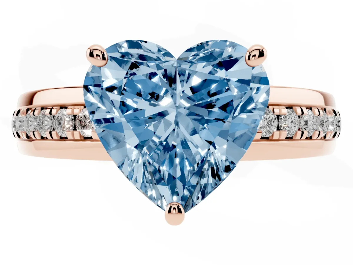 Fancy Blue Heart Cut Solitaire Diamond Ring with Channel Set Band and Six-Prong Setting Rose gold