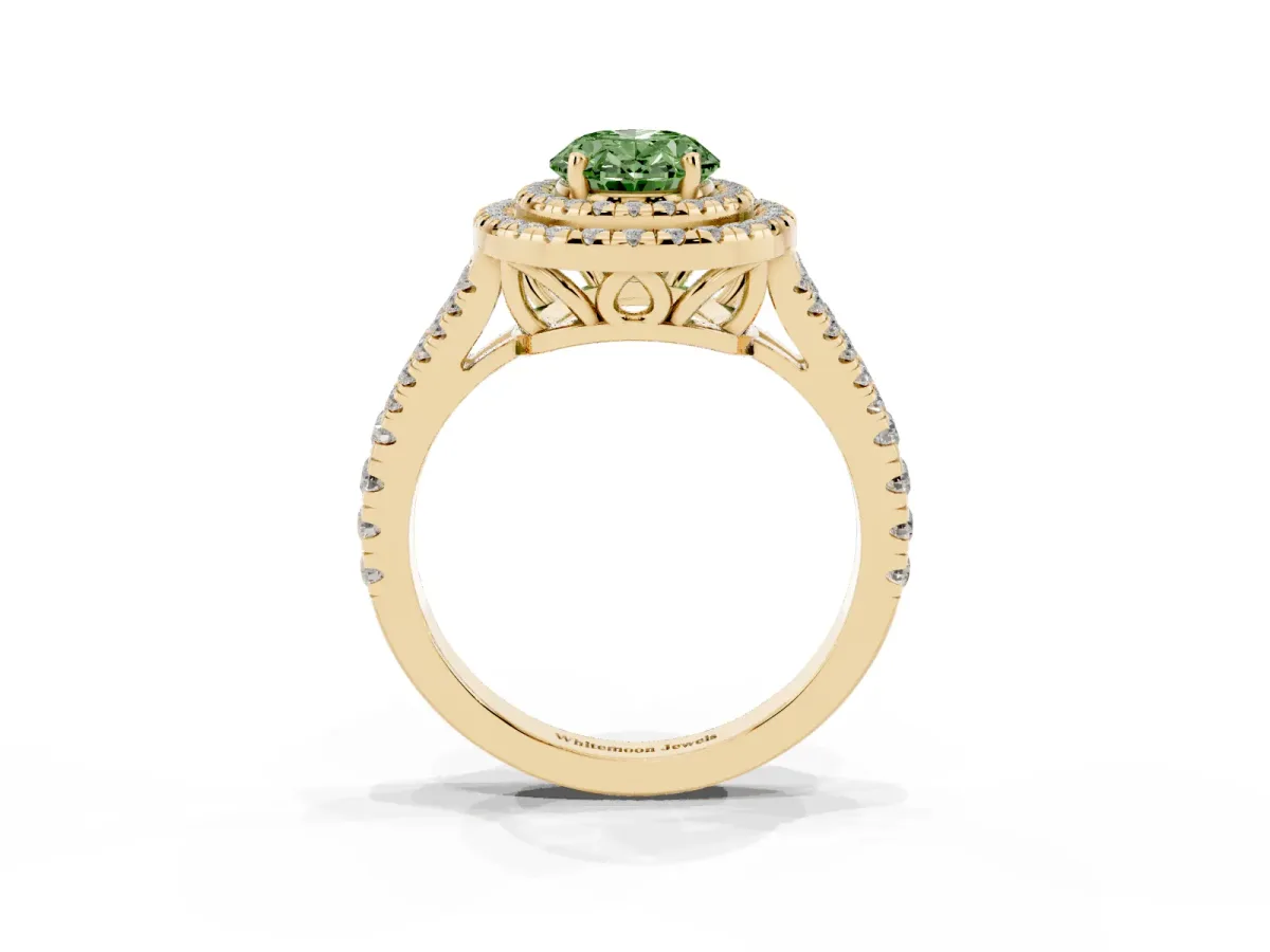 Fancy Green Oval Cut Diamond Double Halo Ring with Pavé Band and Prong Setting Yellow gold