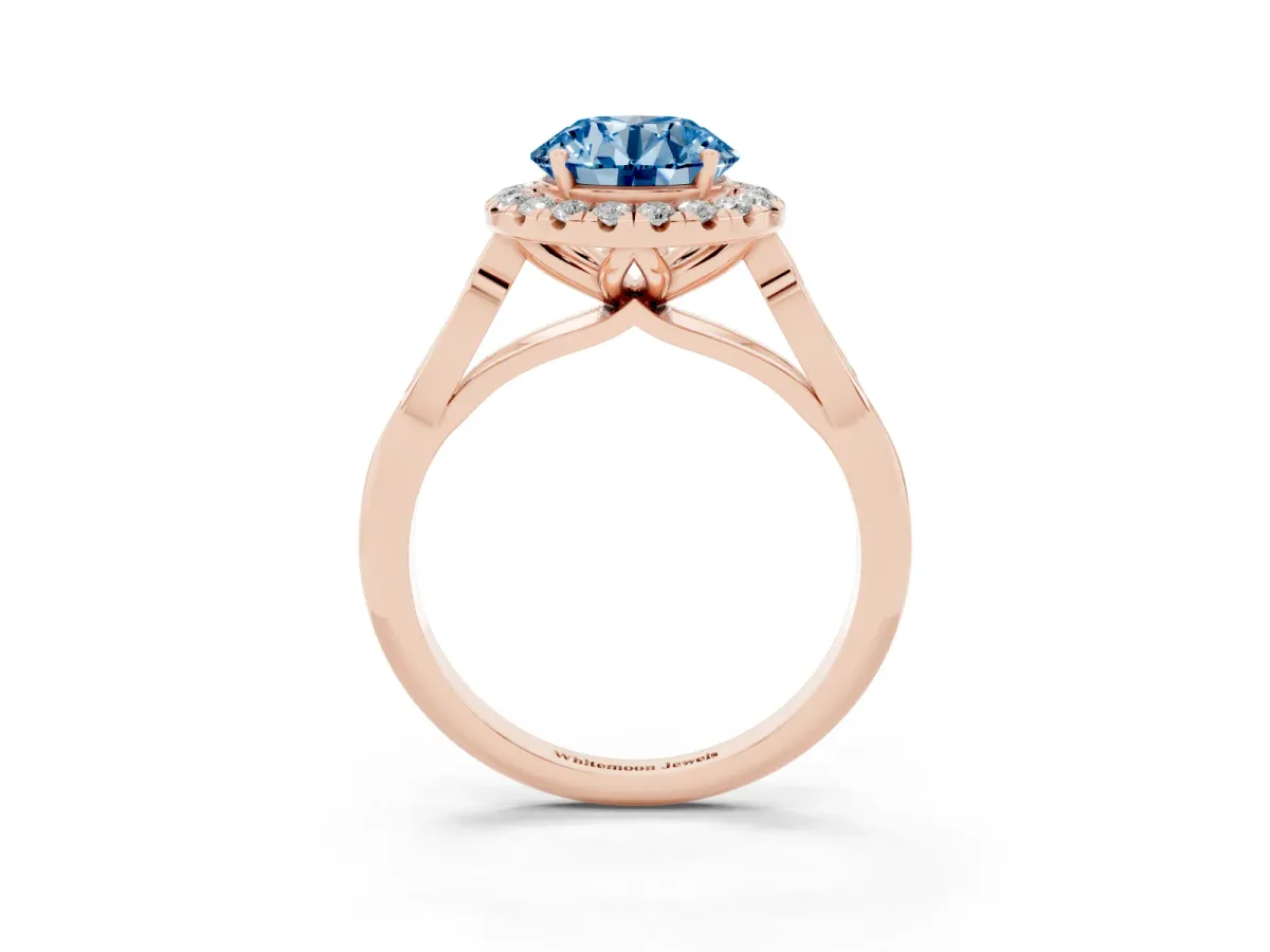 Fancy Blue Round Cut Halo Diamond Engagement Ring with Filigree Band and Four-Prong Setting Rose gold