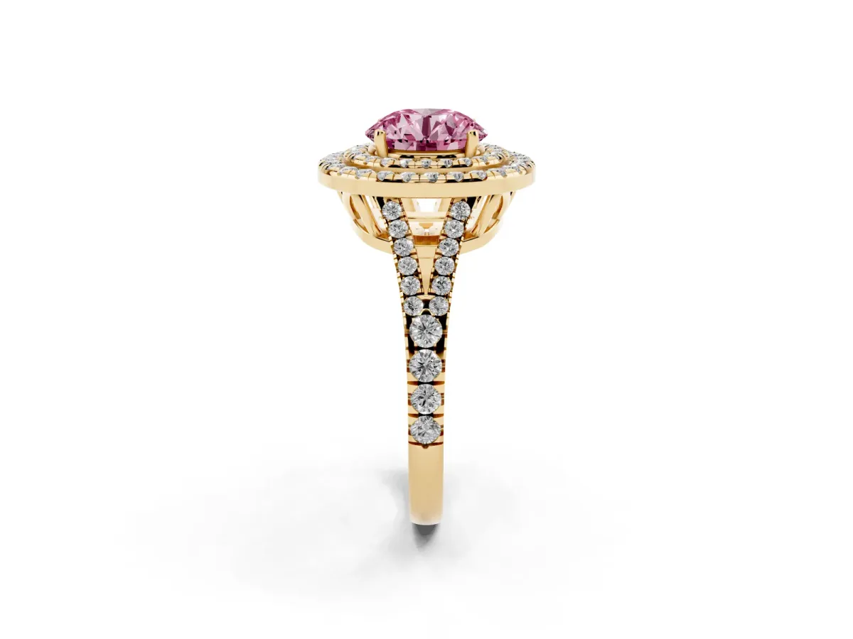 Fancy Pink Round Cut Diamond Double Halo Ring with Pavé Band and Prong Setting Yellow gold