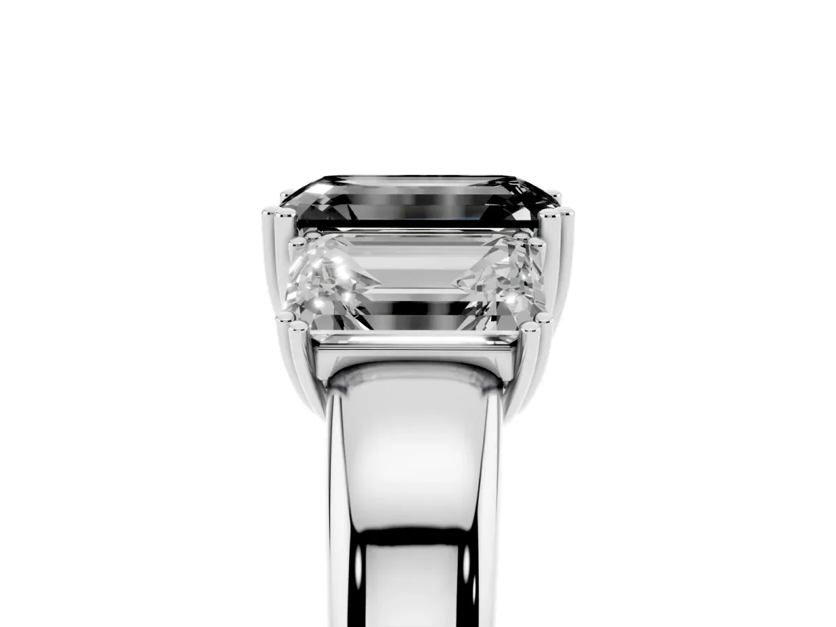 Fancy Black Three-Stone Emerald Cut Cut Diamond Ring with Channel Set Band and Four-Prong Setting Silver