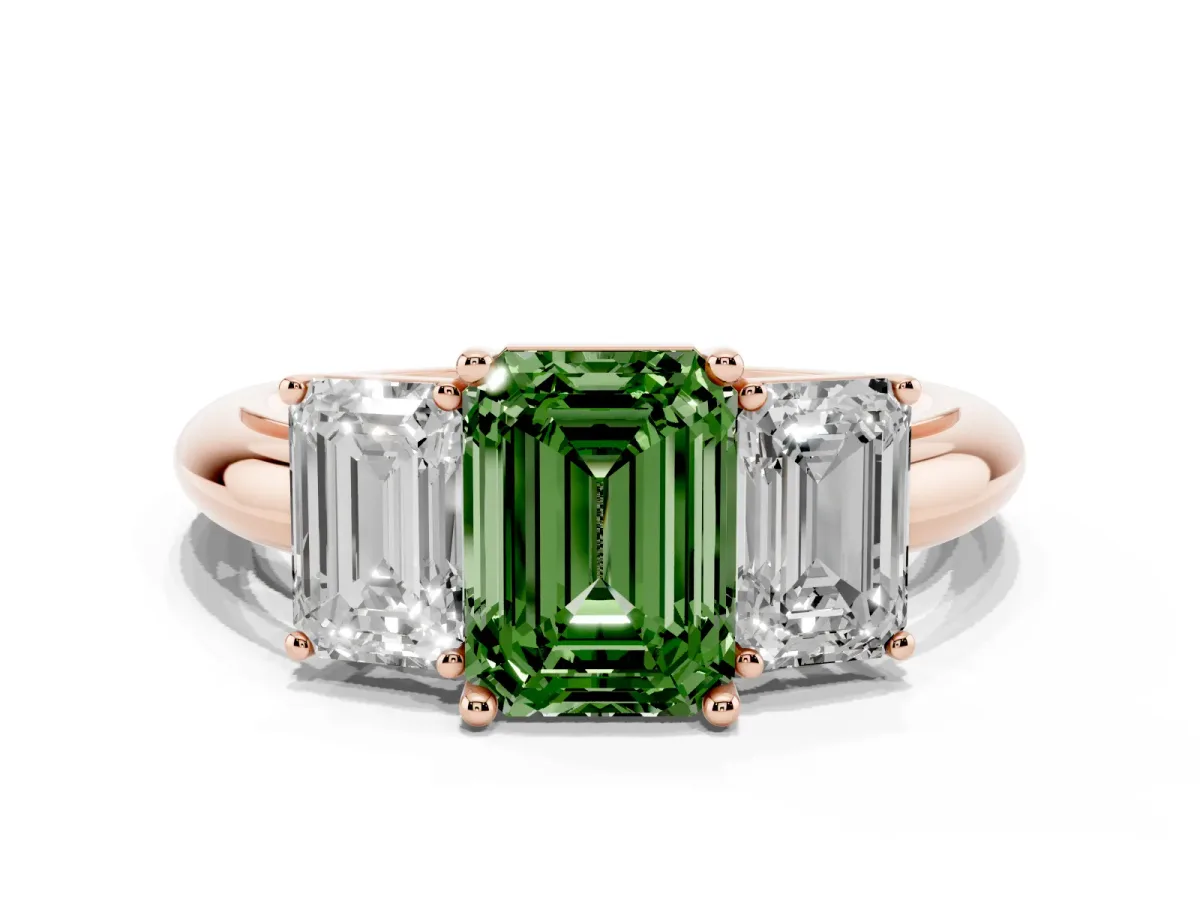 Fancy Green Three-Stone Emerald Cut Cut Diamond Engagement Ring with Prong Setting on a White Gold Band Rose gold