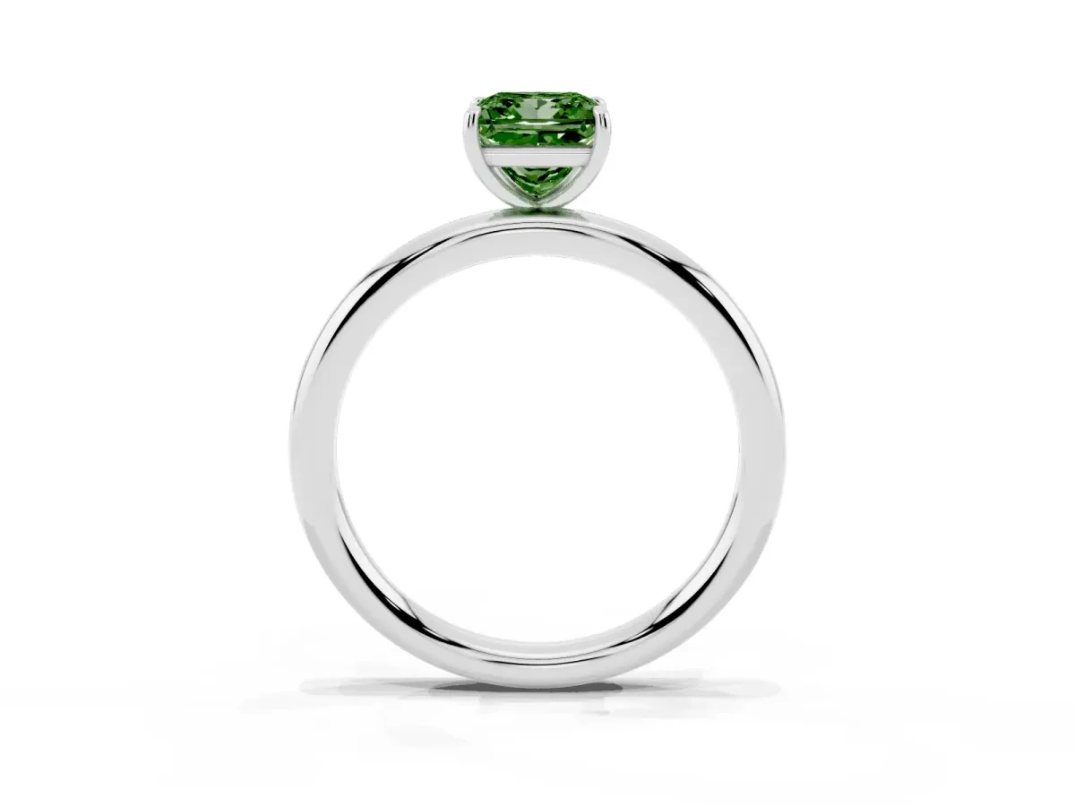 Fancy Green Princess Cut Solitaire Diamond Ring with Four-Prong Setting on a Plain Band Silver