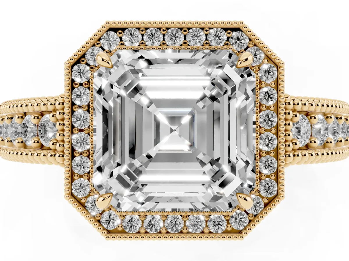 Asscher Cut Cut Halo Diamond Ring with Pavé Band and Four-Prong Setting Yellow gold