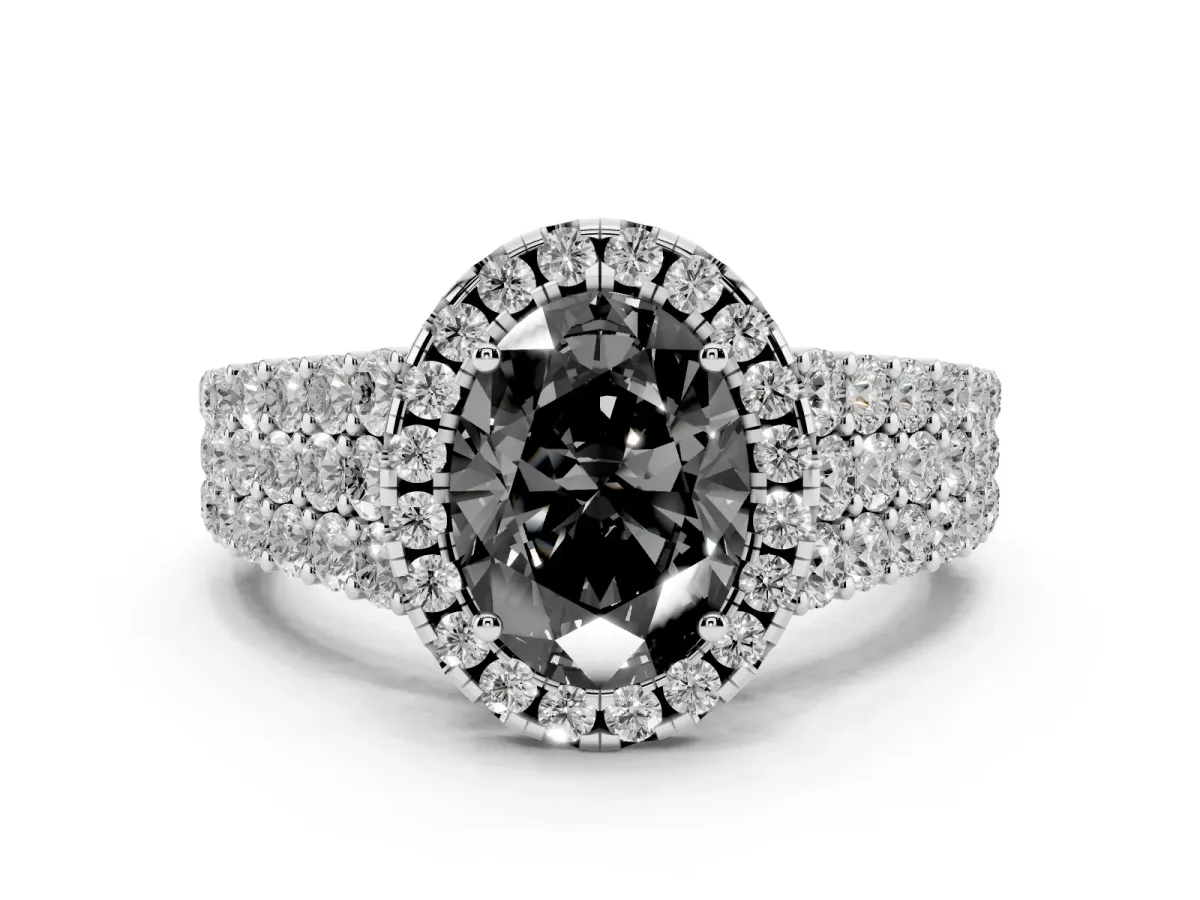 Fancy Black Oval Cut Diamond Halo Engagement Ring with Triple Row Round Pavé Band and Prong Setting Silver