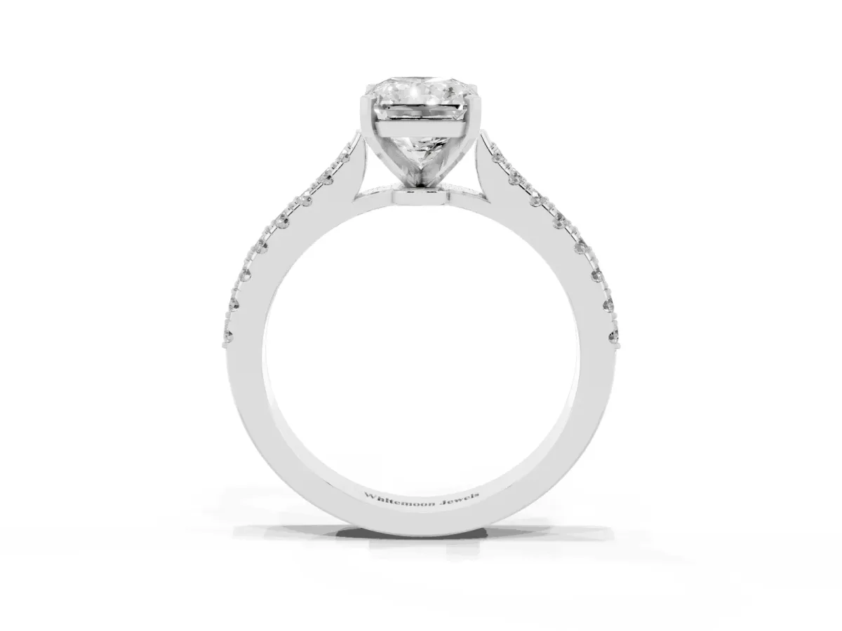Radiant Cut Cut Solitaire Diamond Engagement Ring with Pave Band and Four-Prong Setting Platinum