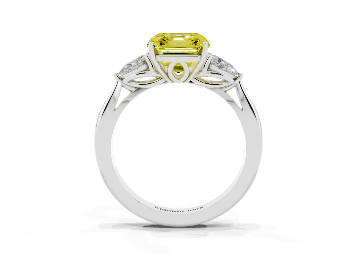Fancy Yellow Asscher Cut Diamond Three-Stone Ring with Pear Side Stones and Prong Setting Silver