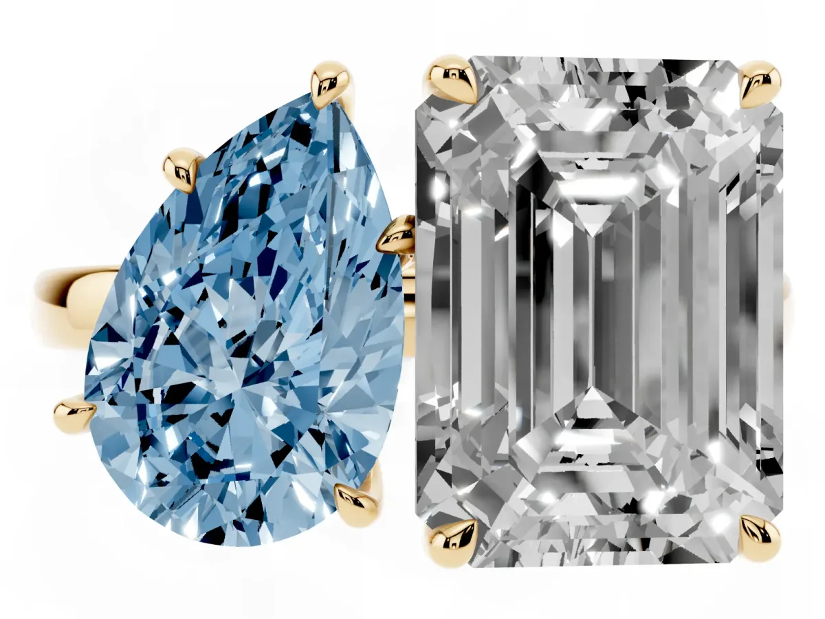 Fancy Blue Pear Cut and Emerald Cut Toi Moi Ring with Prong Setting Yellow gold