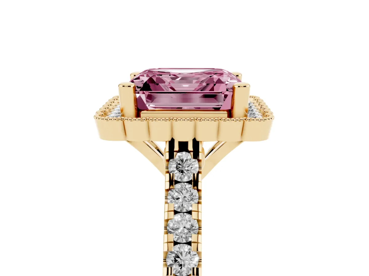 Fancy Pink Asscher Cut Cut Diamond Milgrain Floral Halo Engagement Ring with Pavé Band Yellow gold