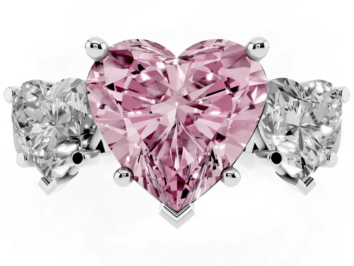 Fancy Pink Three-Stone Heart Cut Brilliant Diamond Trellis Ring with Comfort Fit Band Silver