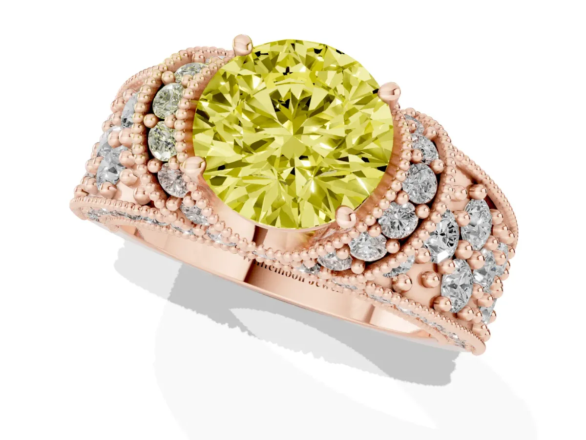 Fancy Yellow Round Cut Halo Pave Diamond Engagement Ring with Milgrain Detailing Rose gold