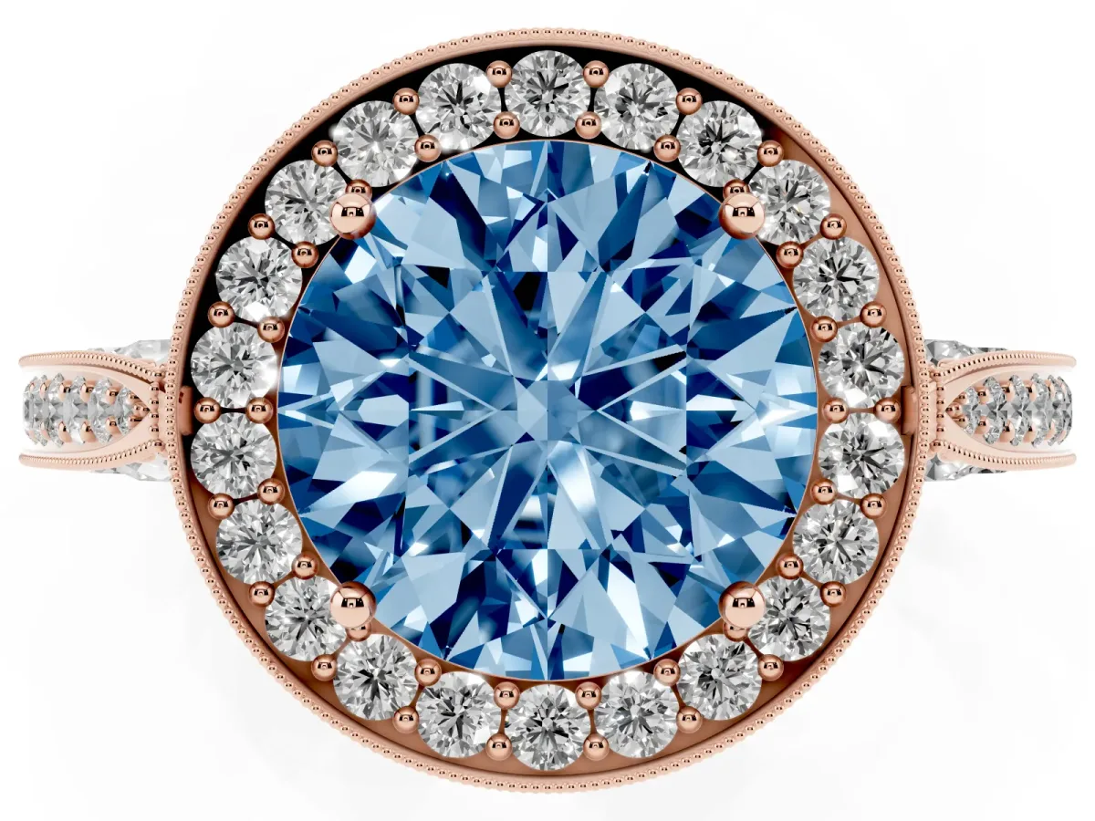 Fancy Blue Round Cut Halo Diamond Engagement Ring with Split Shank Band and Four-Prong Setting Rose gold