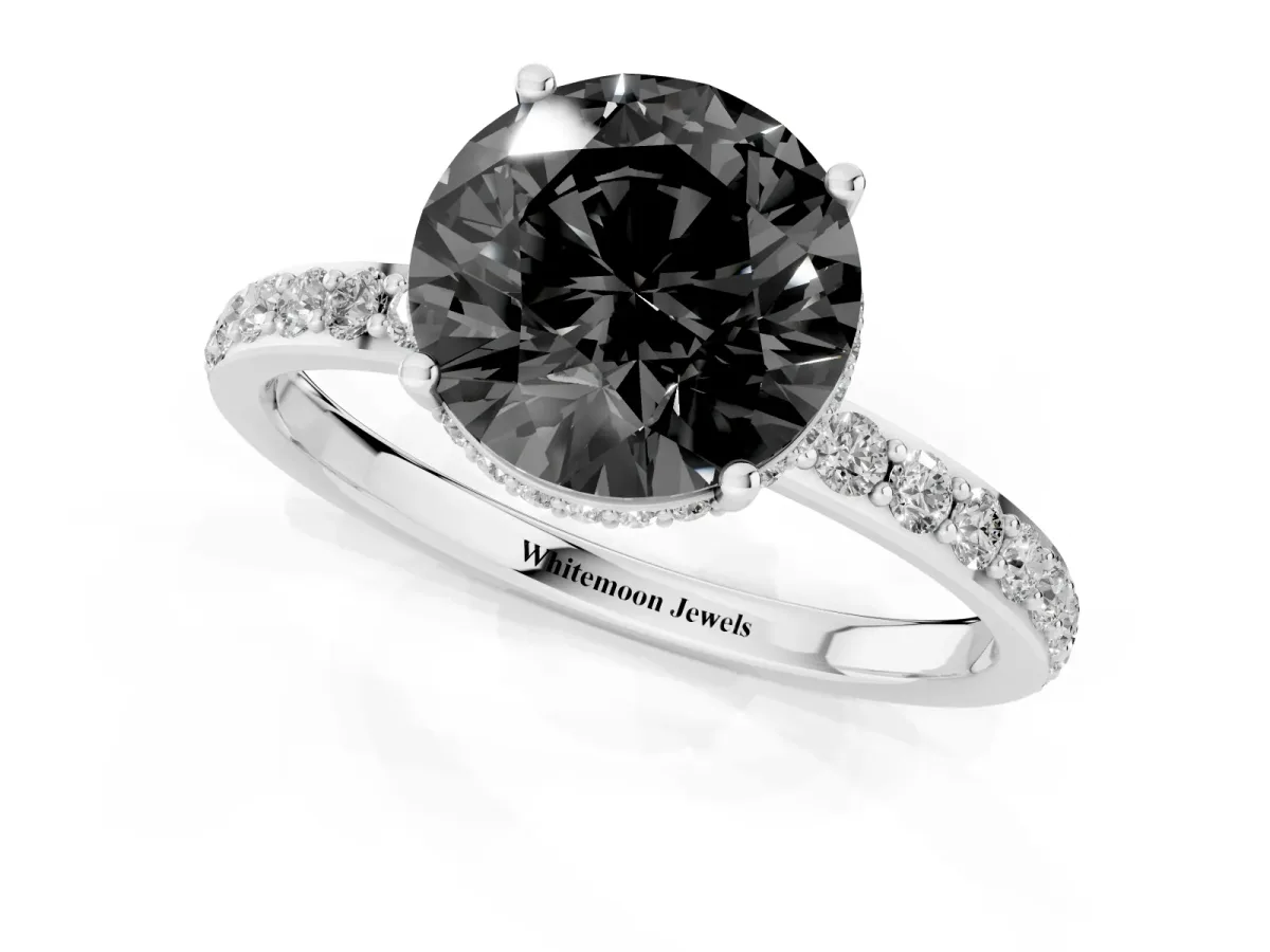 Fancy Black Round Cut Diamond Solitaire Ring with Pavé Band and Hidden Halo Silver