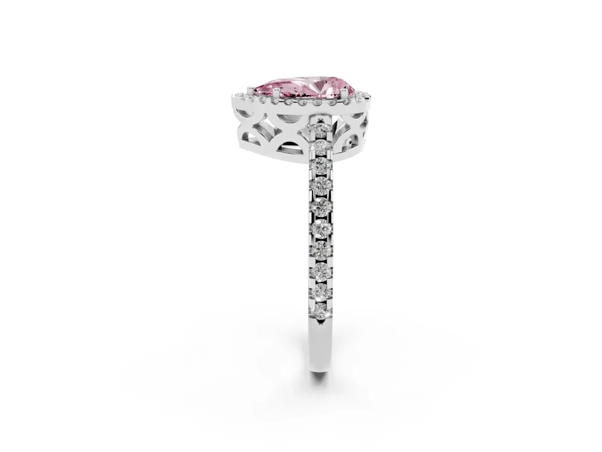 Fancy Pink Pear Cut Diamond Halo Engagement Ring with Pavé Band and Prong Setting Silver