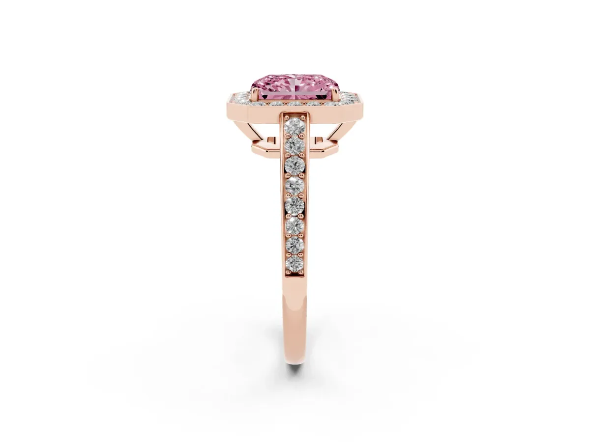 Fancy Pink Radiant Cut Halo Pavé Diamond Engagement Ring with Bezel Setting Rose gold