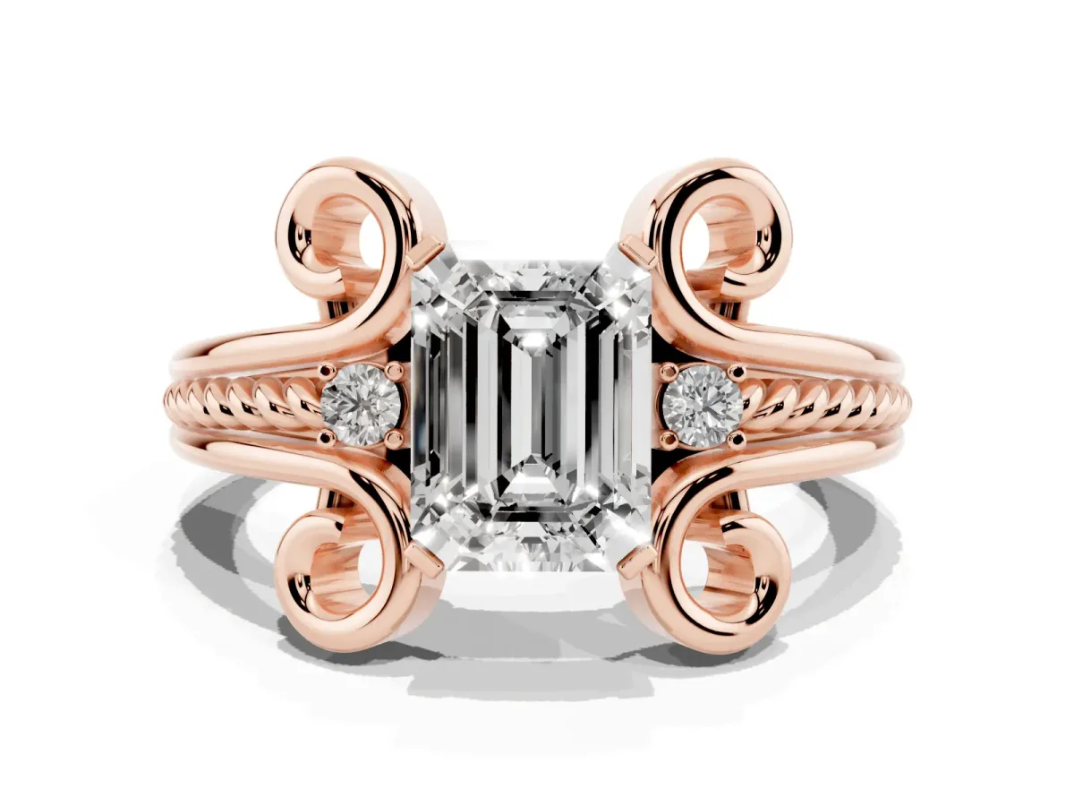 Emerald Cut Solitaire Twisted Band Scroll Prong Ring Rose gold