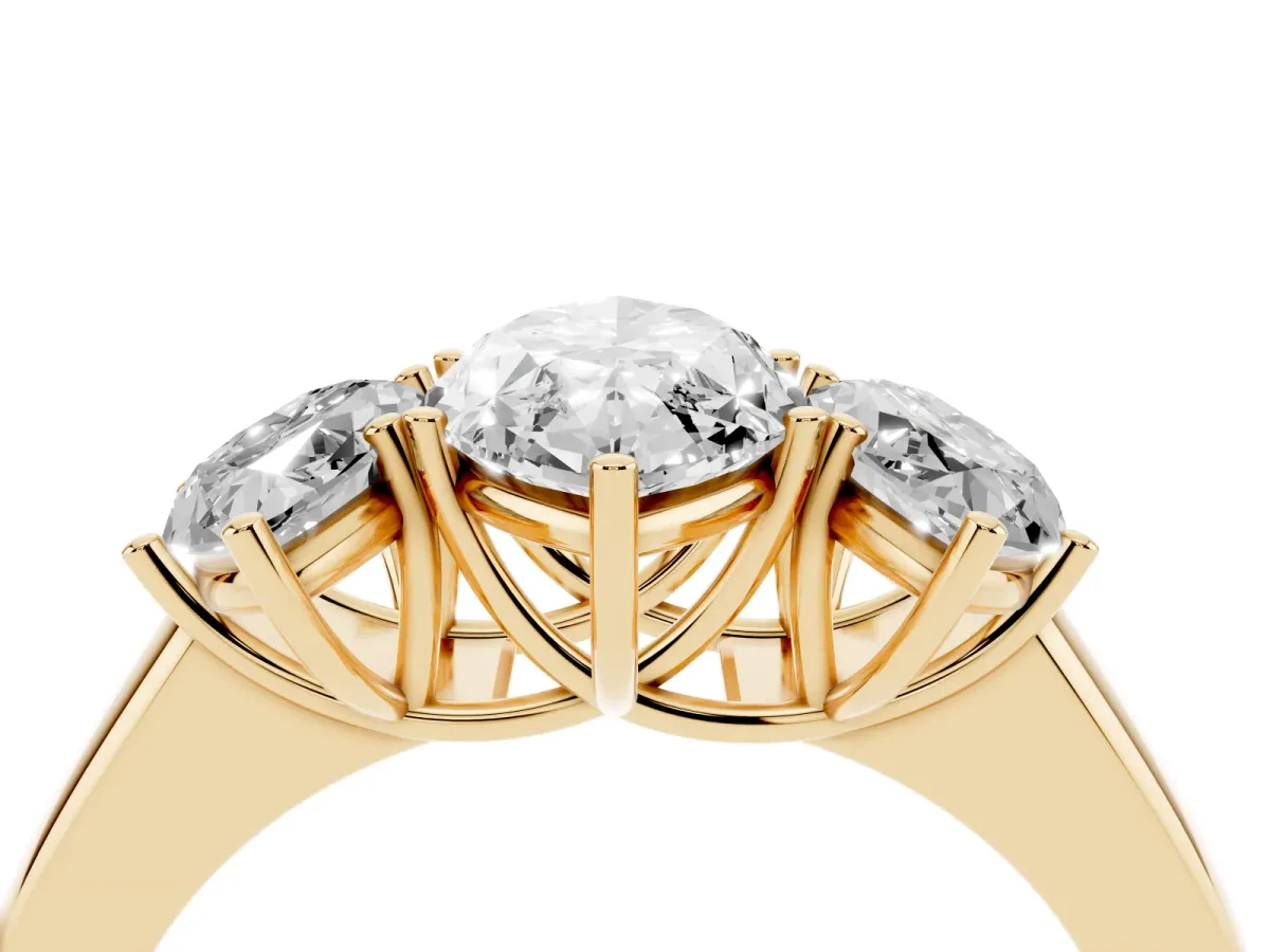 Three-Stone Marquise Cut Cut Diamond Ring with Prong Setting and Classic Band Yellow gold