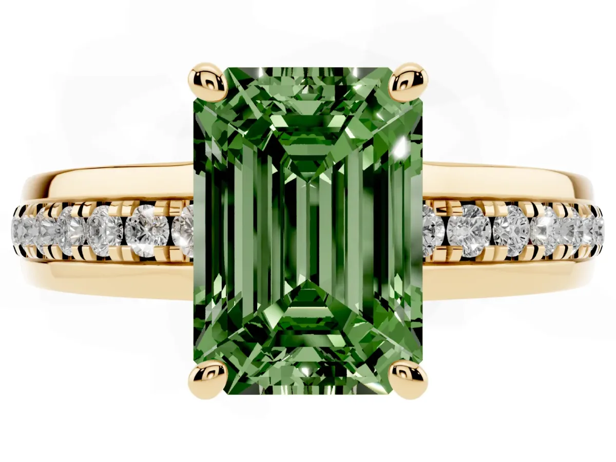 Fancy Green Emerald Cut Solitaire Diamond Ring with Channel Set Band and Six-Prong Setting Yellow gold