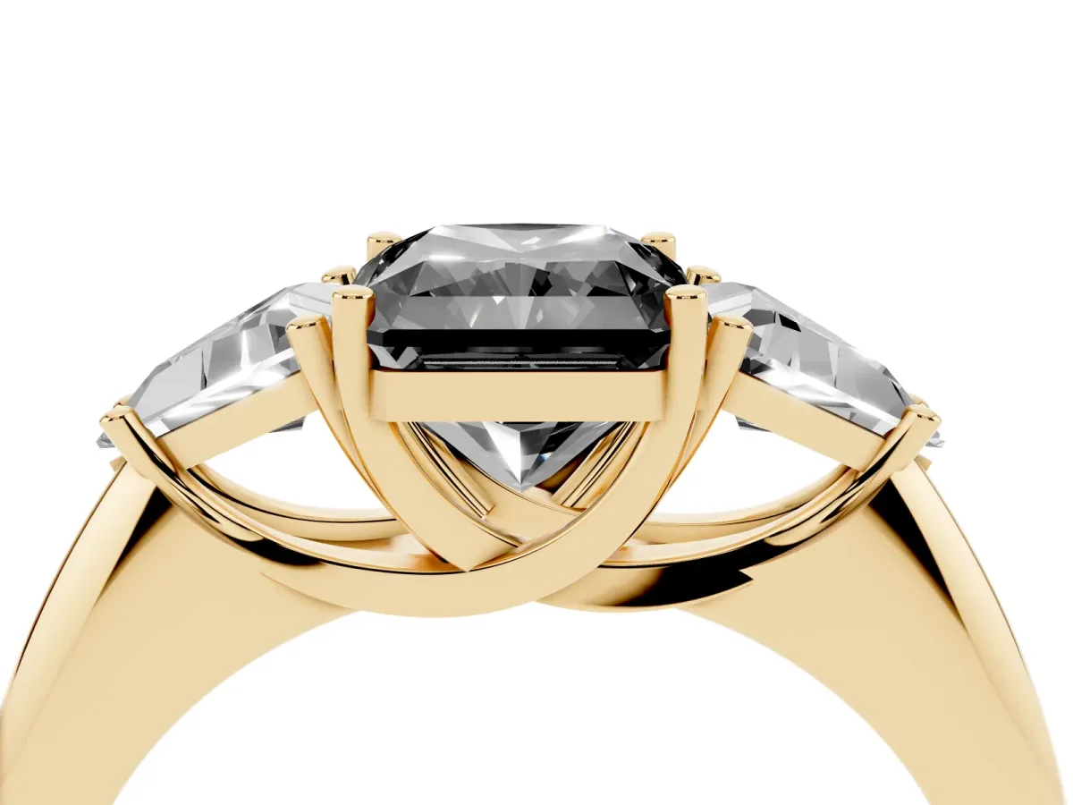 Fancy Black Three-Stone Radiant Cut Diamond Engagement Ring with Trillion Side Stones and Prong Setting Yellow gold